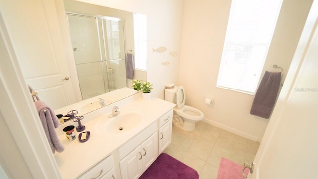 bathroom with tile patterned flooring, vanity, toilet, and an enclosed shower