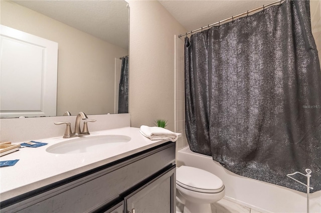 full bathroom featuring vanity, shower / bathtub combination with curtain, and toilet