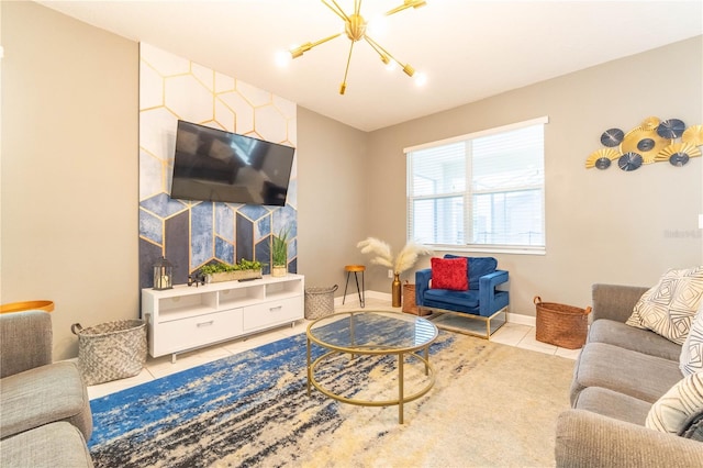 tiled living room with an inviting chandelier