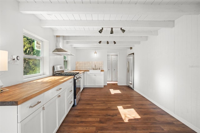 kitchen featuring butcher block counters, appliances with stainless steel finishes, beamed ceiling, dark hardwood / wood-style flooring, and white cabinetry