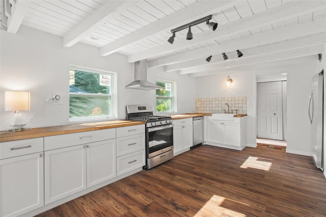 kitchen featuring white cabinetry, wall chimney exhaust hood, stainless steel appliances, wood counters, and dark hardwood / wood-style flooring