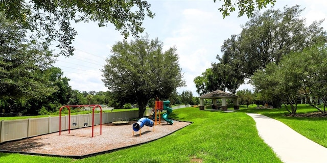 view of play area featuring a gazebo and a yard