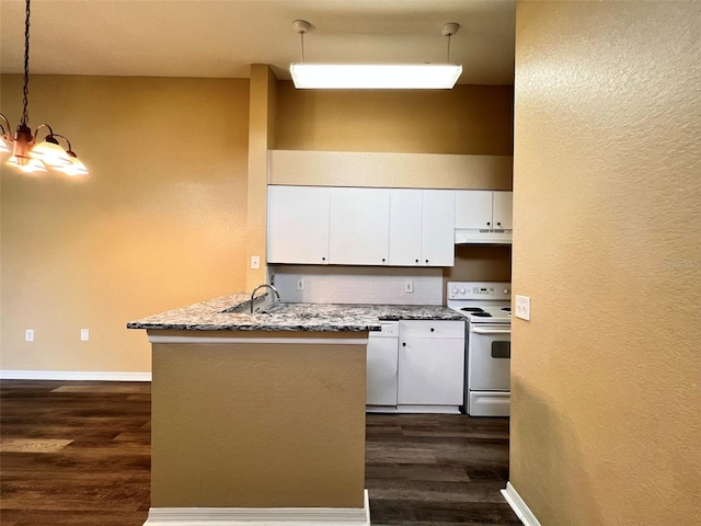 kitchen with white cabinets, kitchen peninsula, white range with electric stovetop, decorative light fixtures, and dark hardwood / wood-style flooring