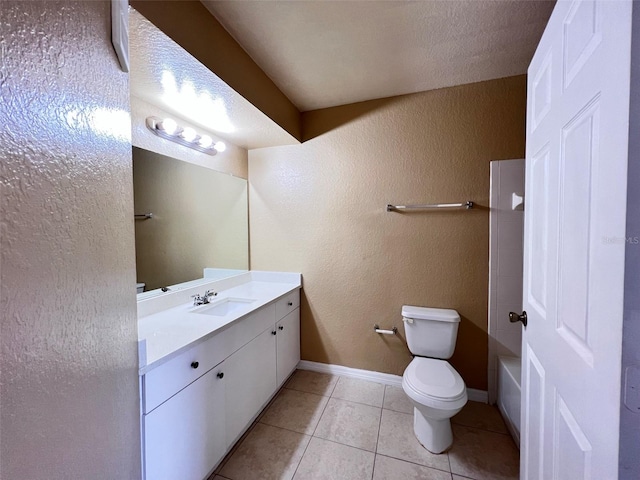 full bathroom with vanity, shower / bathtub combination, toilet, a textured ceiling, and tile patterned flooring