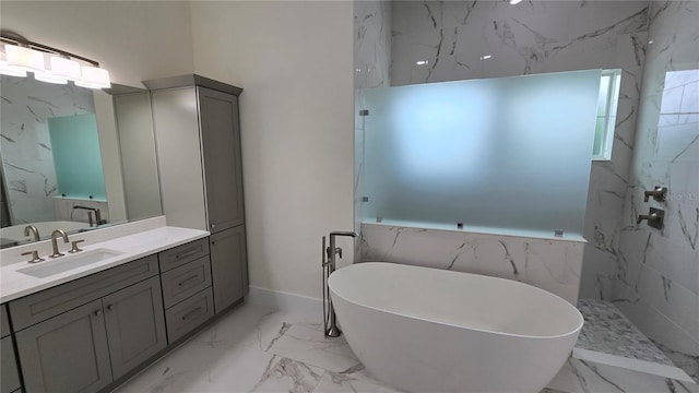 bathroom featuring vanity and plus walk in shower