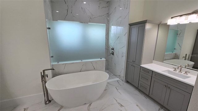 bathroom featuring shower with separate bathtub and vanity