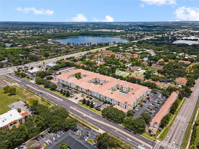 drone / aerial view with a water view