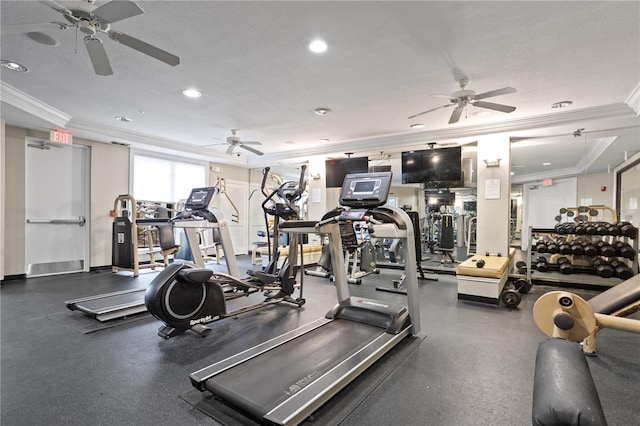 gym featuring a textured ceiling and ornamental molding