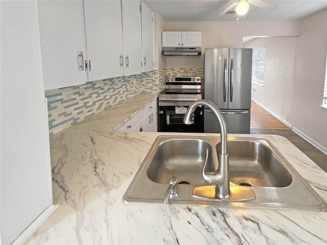 kitchen featuring tasteful backsplash, white cabinetry, sink, and appliances with stainless steel finishes