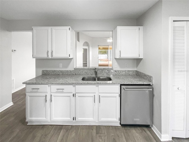 kitchen with white cabinetry, dishwasher, ceiling fan, sink, and dark hardwood / wood-style floors