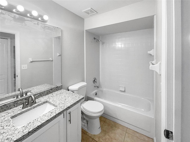 full bathroom featuring toilet, shower / tub combination, vanity, and tile patterned floors