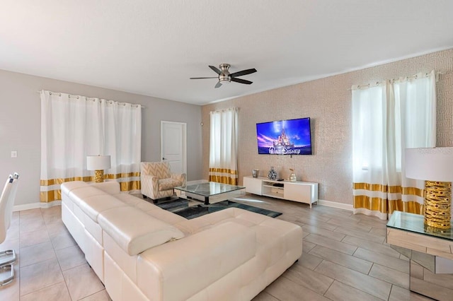 living room featuring ceiling fan