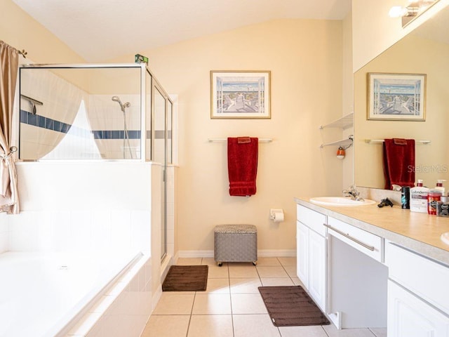 bathroom featuring tile patterned flooring, shower with separate bathtub, vanity, and vaulted ceiling