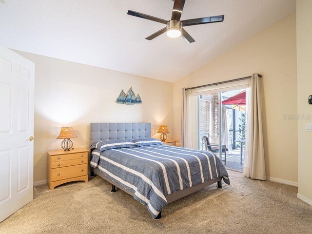 bedroom with ceiling fan, access to exterior, lofted ceiling, and light carpet