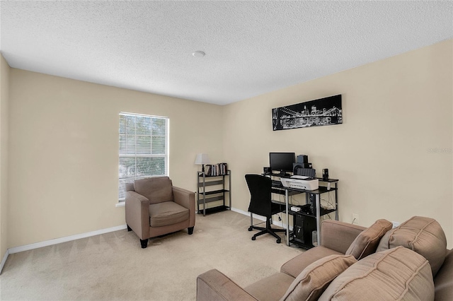 office with light colored carpet and a textured ceiling