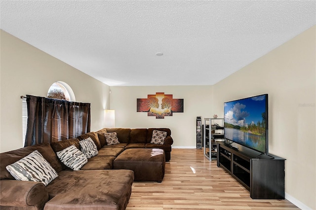 living room featuring a textured ceiling and light wood-type flooring