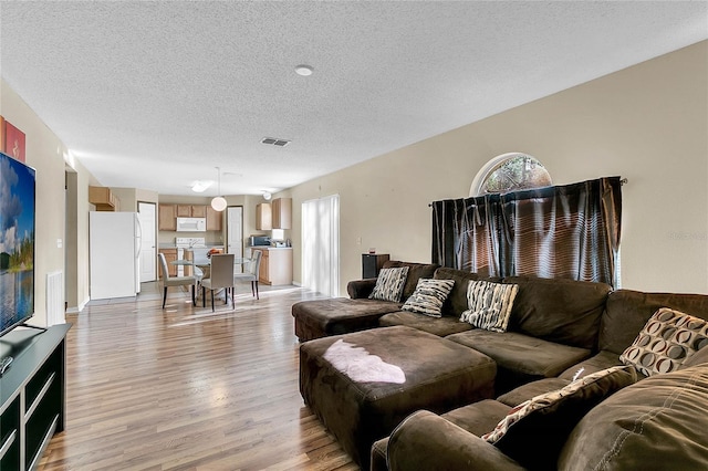 living room with a textured ceiling and light hardwood / wood-style floors