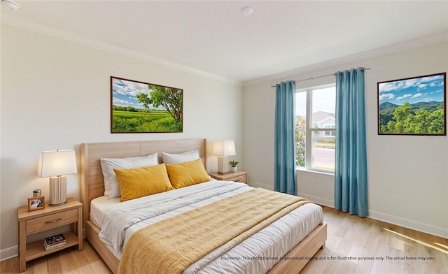 bedroom with light wood-type flooring and ornamental molding