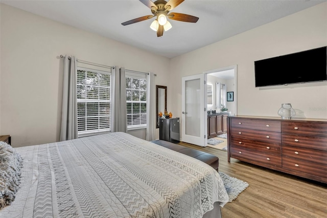 bedroom with ceiling fan and light wood-type flooring