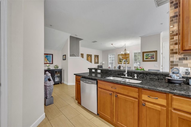 kitchen featuring dishwasher, sink, dark stone countertops, decorative backsplash, and hanging light fixtures