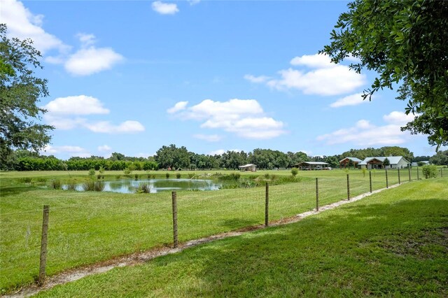 view of yard with a rural view and a water view