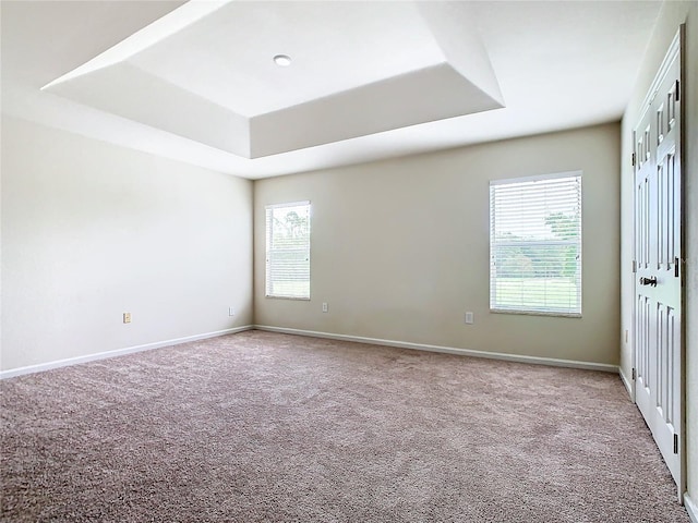 carpeted spare room with a tray ceiling