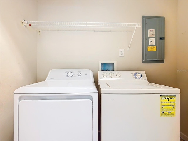 laundry area with electric panel and independent washer and dryer