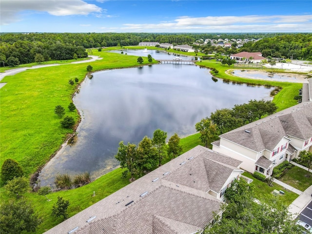 aerial view featuring a water view