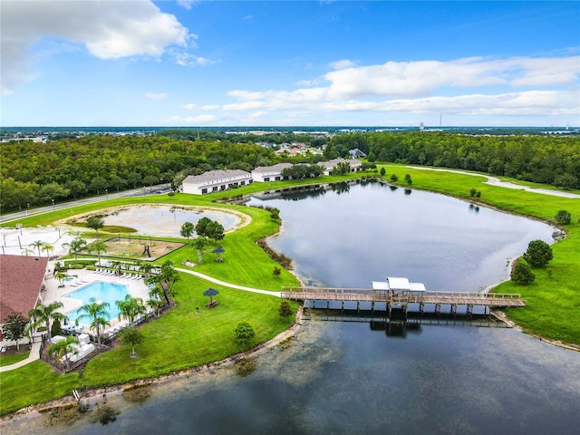 birds eye view of property featuring a water view