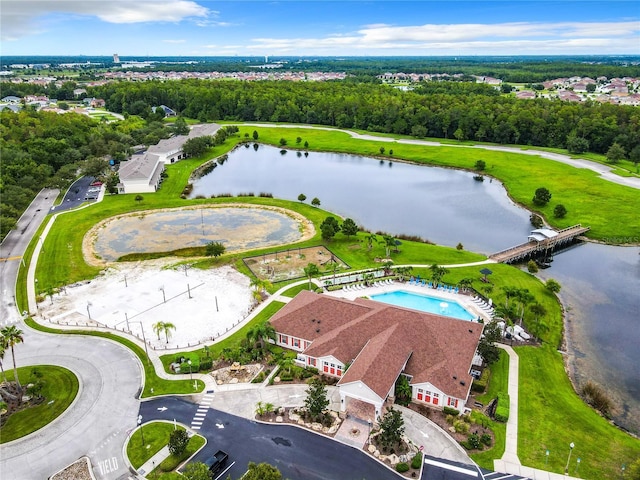 drone / aerial view featuring a water view