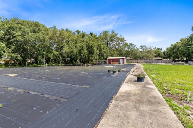 exterior space featuring a yard and a storage unit