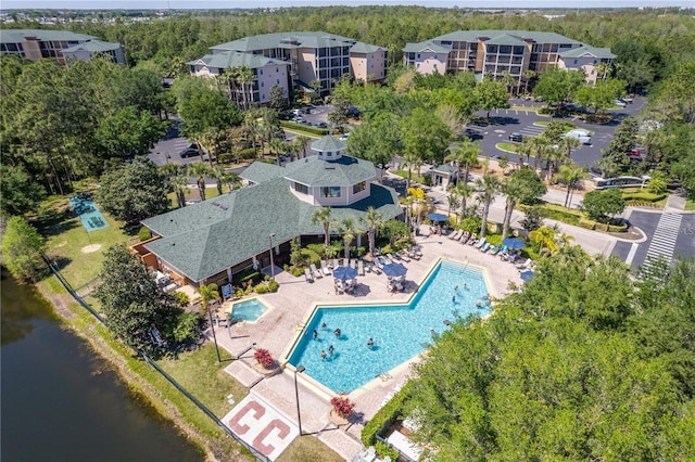 drone / aerial view with a water view