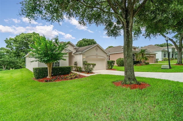 ranch-style home featuring a front yard and a garage