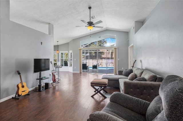 living room with high vaulted ceiling, a textured ceiling, ceiling fan, and dark hardwood / wood-style floors