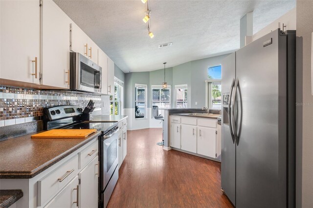 kitchen featuring stainless steel appliances, decorative light fixtures, dark hardwood / wood-style floors, a textured ceiling, and lofted ceiling