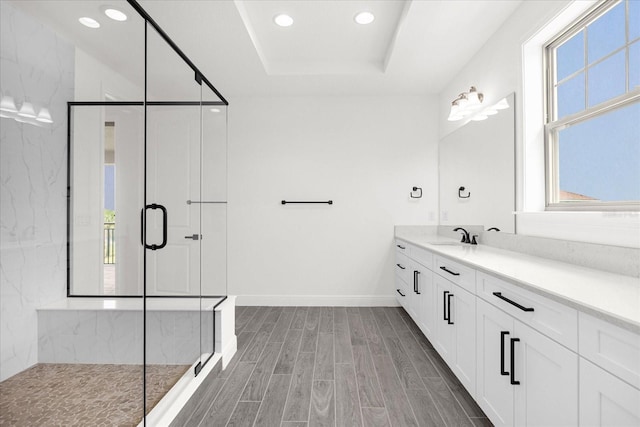 bathroom featuring vanity, a raised ceiling, and a shower with door