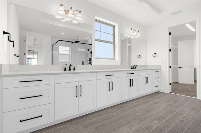 bathroom with a raised ceiling, a shower with shower door, and a healthy amount of sunlight