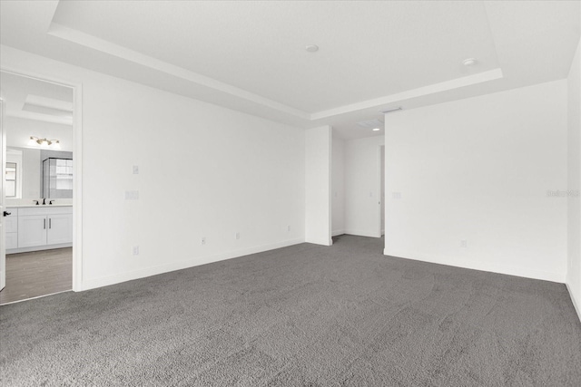 unfurnished room with carpet floors and a tray ceiling