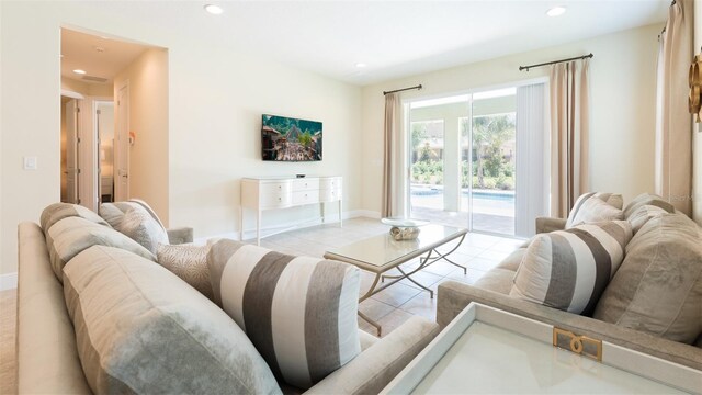 living room featuring light tile patterned flooring