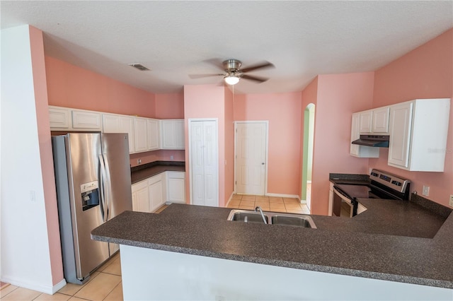 kitchen with kitchen peninsula, stainless steel appliances, white cabinets, and sink