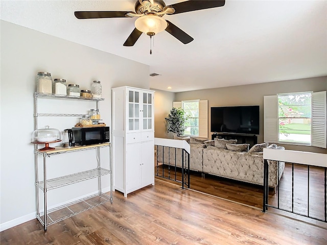 living room featuring hardwood / wood-style flooring, ceiling fan, and a healthy amount of sunlight