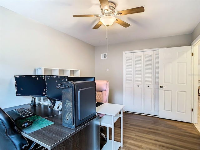 home office featuring ceiling fan and dark wood-type flooring