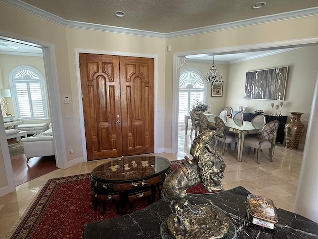 8734 Crestgate Cir, Orlando, FL 32819 - foyer entrance with ornamental molding, a chandelier, light tile patterned floors, and baseboards