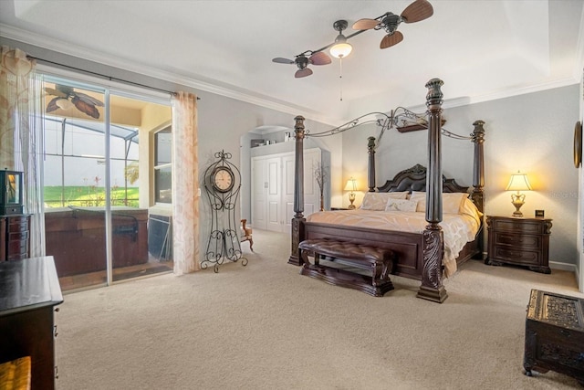 bedroom featuring carpet flooring, ornamental molding, access to outside, ceiling fan, and a raised ceiling