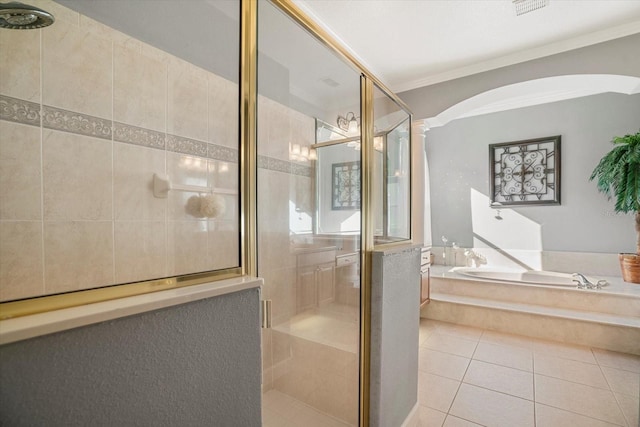 bathroom with crown molding, tile patterned floors, decorative columns, and plus walk in shower