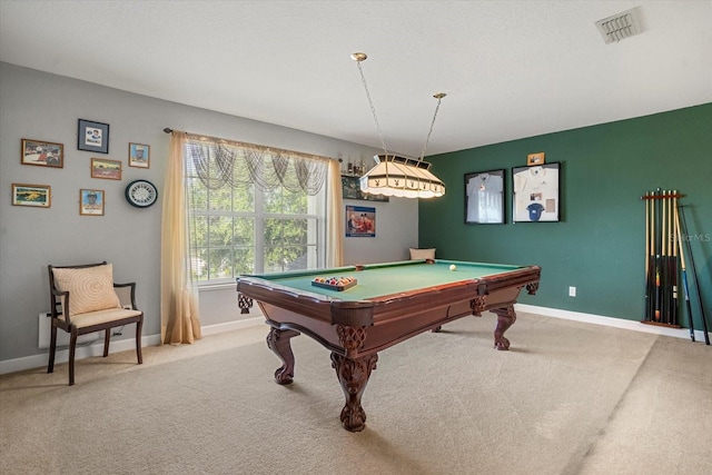 game room featuring carpet and billiards