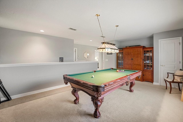 game room featuring billiards and light carpet