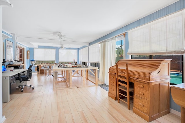 office space featuring ceiling fan and light hardwood / wood-style flooring