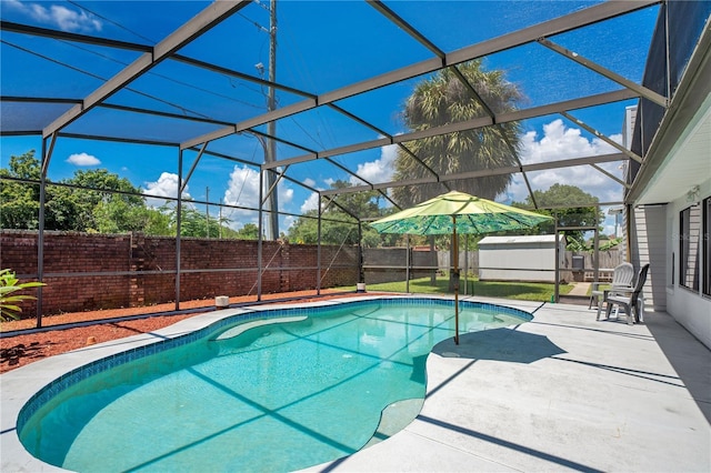 view of swimming pool with a lanai and a patio area