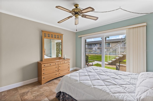 bedroom with access to outside, ceiling fan, and ornamental molding